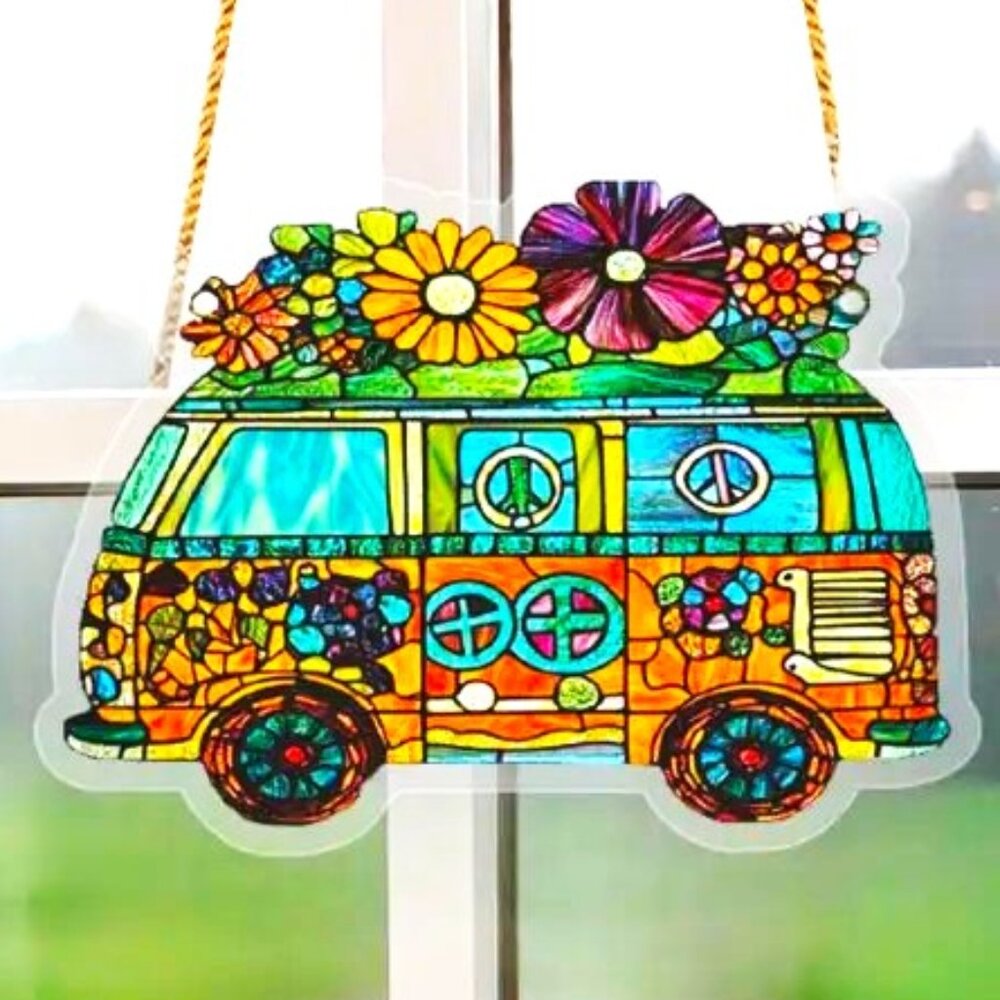 Suncatcher Hippie Van Peace Sign Flowers Hanging Window Colorful Decor in/out - Picture 3 of 5
